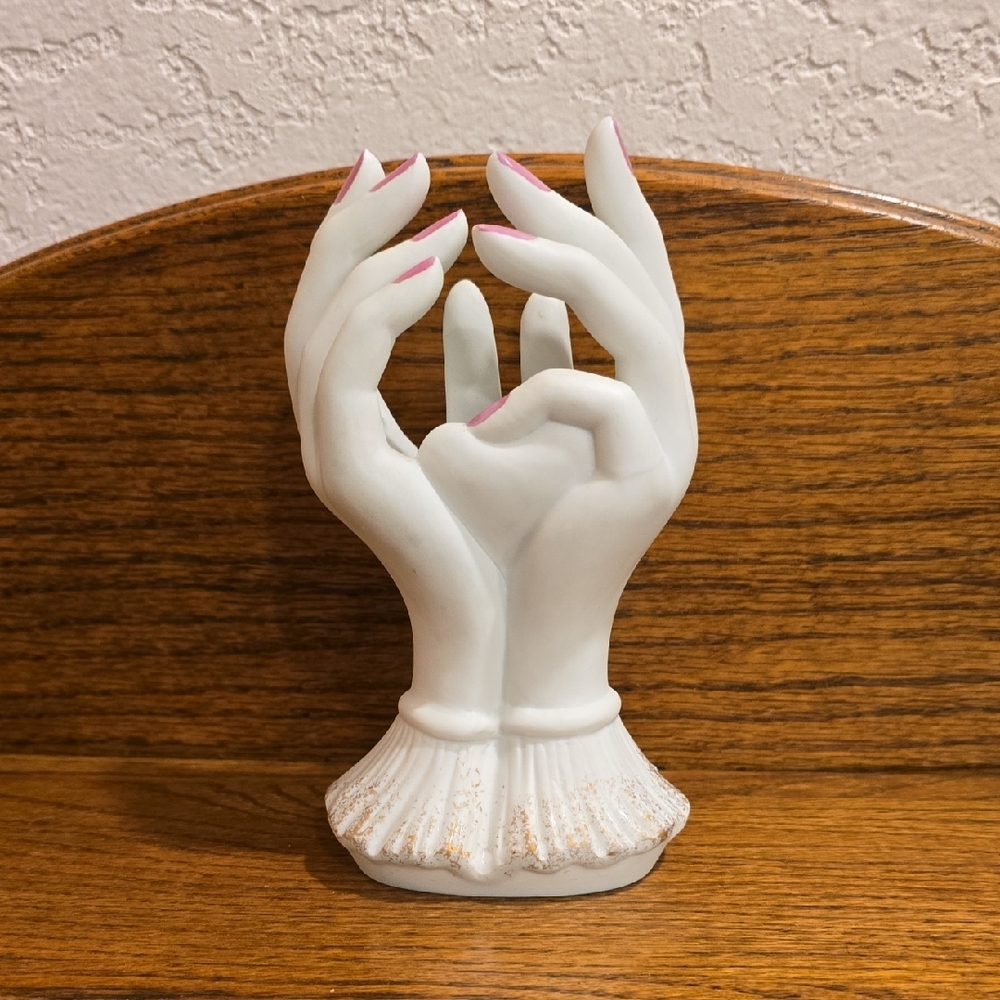 Lefton Vintage White Lady Hands Vase with Pink Flowers - Picture 3 of 10